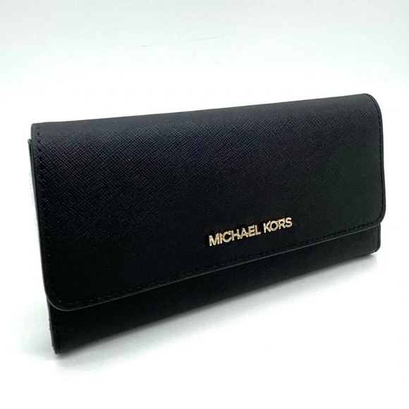 Michael Kors Large Trifold Wallet Black/Gold - Picture 1 of 8